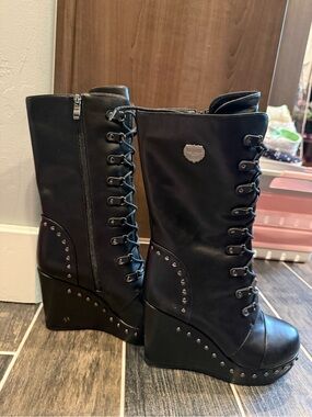 Black Lace-Up Wedge Boots - Women
